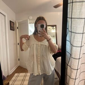 Anthropologie Cream Button-Front Peasant Blouse